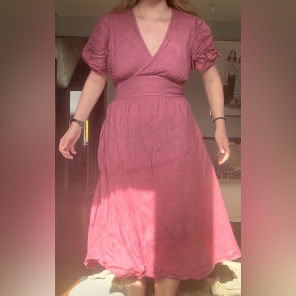 100% Linen Pink Midi Dress Puff Sleeve V Neck Cottagecore